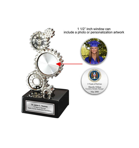 Gear Desk Clock Silver Engraving Plate and Optional Photo Picture Frame Engineering Gift Engineers Graduation Retirement Awards Service