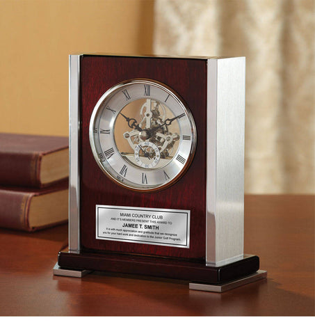 Personalized Desk Clock Envoy Da Vinci Dial Wood Cherry with Silver Casing and Engraving Plate Recognition Wedding Award Retirement Gift