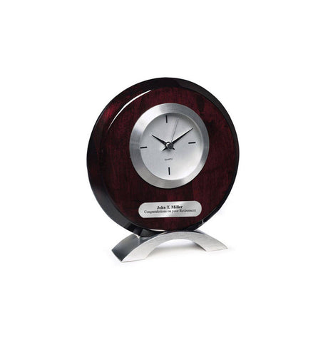Engraved Round Silver Table Desk Clock with Silver Modern Base Engraving Plate. Personalized Anniversary Recognition Award Retirement Gift
