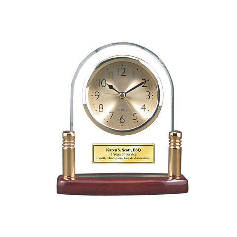 Personalized Glass Arch Desk Clock with Glossy Cherry Base Brass Columns and Gold Engraving Plate. Unique Birthday Retirement Service Award