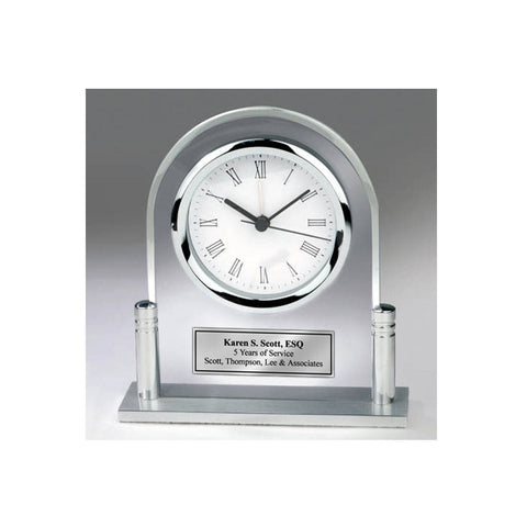 Personalized Desk Clock Acrylic Arch Metal Silver Post and Silver Engraved Plate. Anniversary Retirement Birthday Service Award Gift Boss