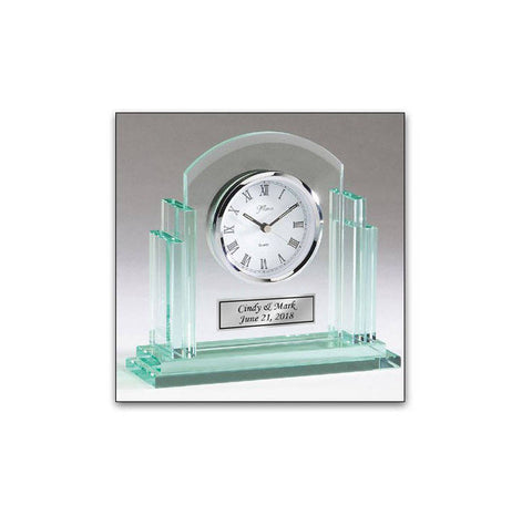 Engraved Silver Basel Clock with Clear Jade Body and Engraving Plate Personalized Retirement Gift Employee Appreciation Recognition Award