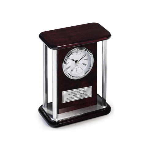 Personalized Table Desk Clock Four Silver Chrome Pillars Silver Engraved Retirement Anniversary Employee Recognition Birthday Wedding Gift