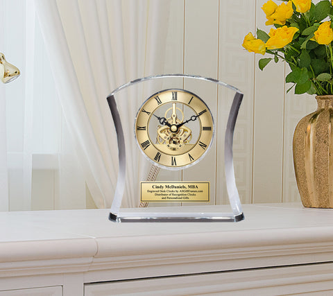 Diamond Cut Arch Crystal Mantel Desk Engraved Clock Gold Personalized Gear Table Employee Retirement Service Award Graduation Gift Wedding
