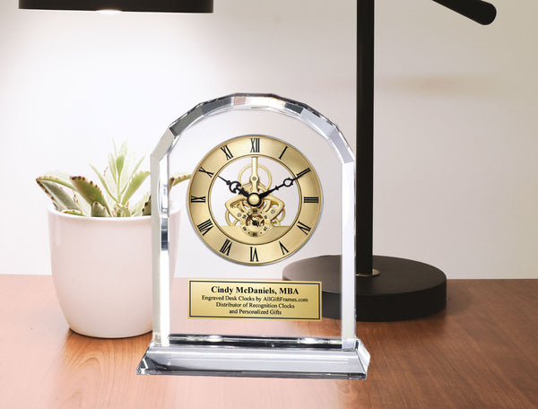 Engraved Desk Crystal Clock Employee Service Award Recognition Anniversary Wedding Gift Present Gear Engineer Graduation Mantel Table Arch