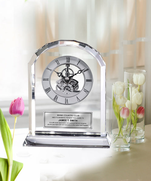 Diamond Cut Arch Crystal Engraved Clock with Silver Engraving Plate Da Vinci Dial. Anniversary Wedding Gift Retirement Service Award