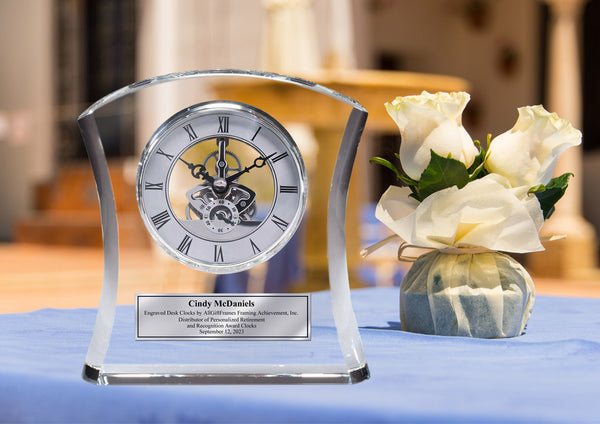 Engraved Clock Crystal Curve Retirement Desk Award Recognition Sleek Table Shelf Clock with Da Vinci Dial and Silver Engraving Plate Wedding