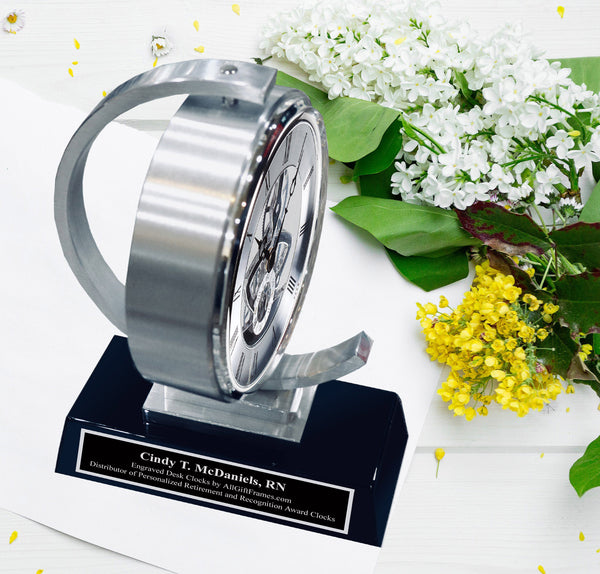 Luxury Timepiece Spin Silver Clock Custom Display Graduation Coworker Friend Boss Retirement Gift Anniversary Wedding Engineer Present