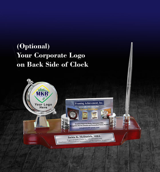Spinning Silver Desk Clock Engrave Name Plate Business Card Holder Case Desktop Stand Display Pen Compsny Base Corporate Logo Retirement Graduation Employee Gift Promotion Award