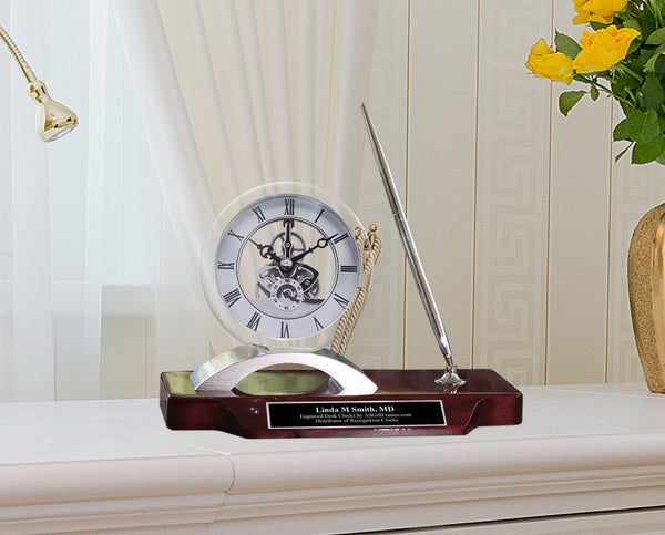 Luxury Desk Name Plate Custom Business Professional Clear Clock Case Silver Gear Display Pen Black Graduation Coworker Friend Boss Gift