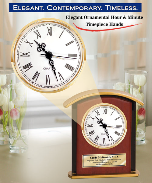 Personalized Clock Arch Gold Engrave Desk Black Glass Border Wood Retirement Service Award Present Gift Appreciation Corporate Housewarming