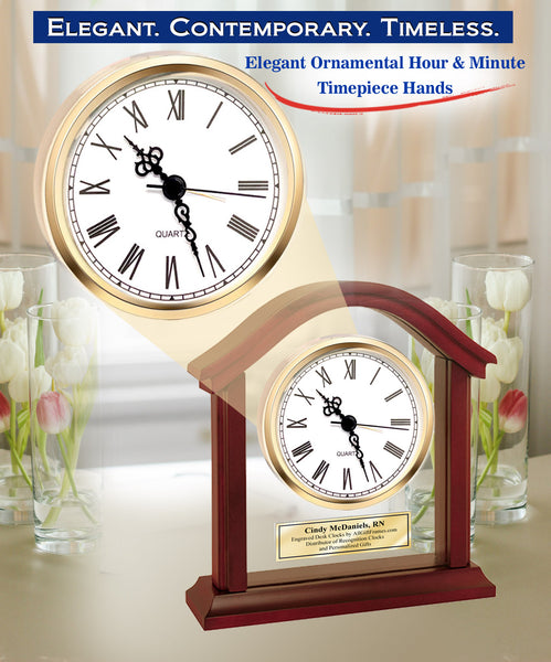 Engraved Clock Clear Glass Anniversary Wedding Retirement Desk Clock Arch Wood Employee Recognition Service Award Anniversary Gift Wedding