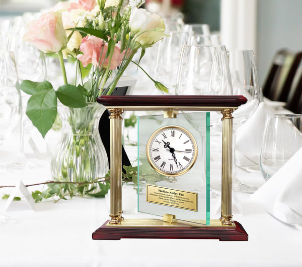 Engraved Clocks Corporate Gifts Personalized Desk Rotating Glass Accent Clock Luxury Gift Birthday Him Her Years of Service Award Mantel