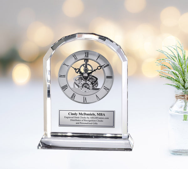 Diamond Cut Arch Crystal Engraved Clock with Silver Engraving Plate Da Vinci Dial. Anniversary Wedding Gift Retirement Service Award