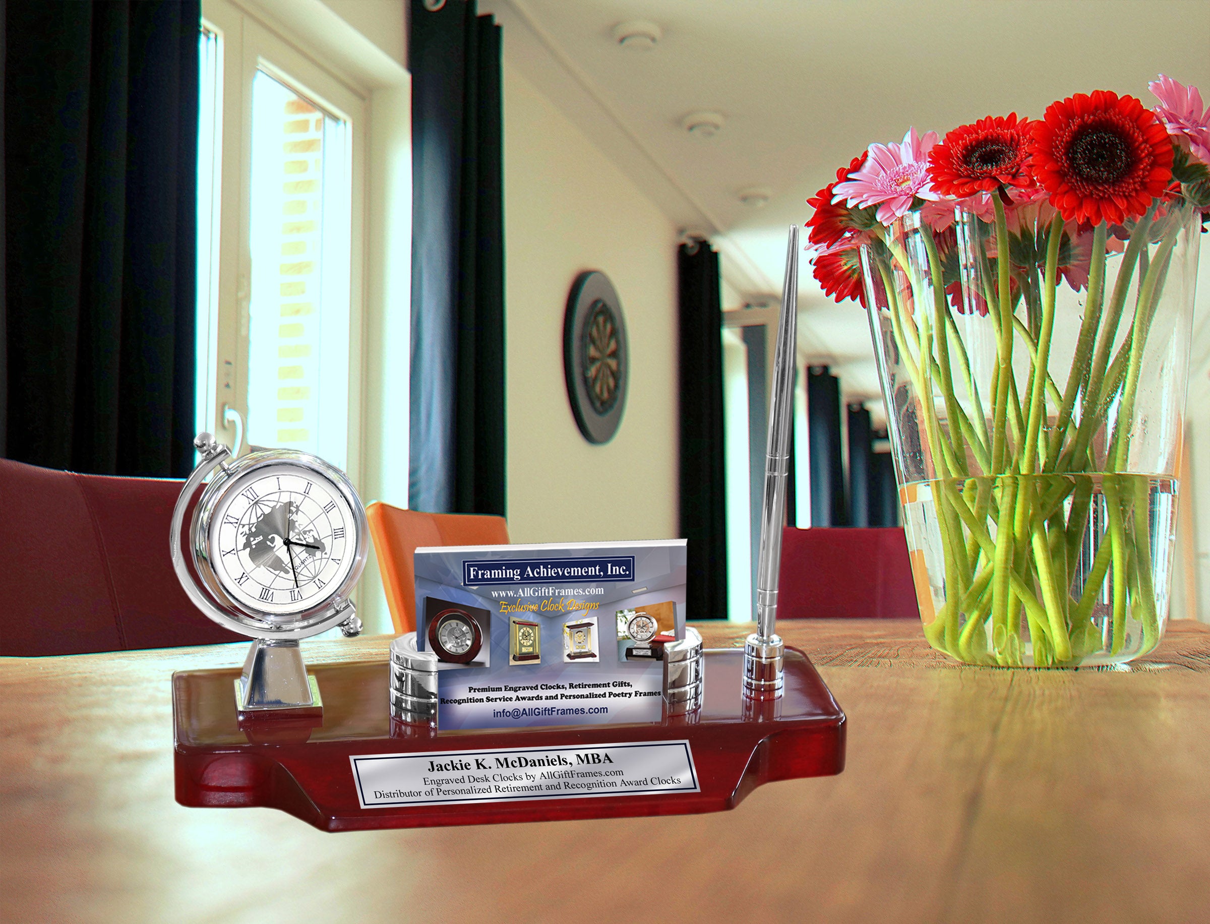 Spinning Silver Desk Clock Engrave Name Plate Business Card Holder Cas