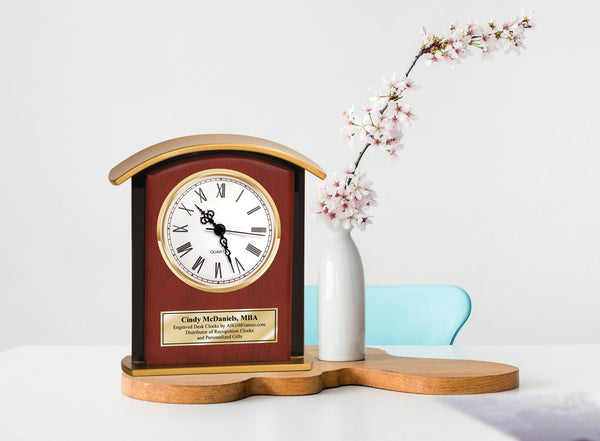 Personalized Clock Arch Gold Engrave Desk Black Glass Border Wood Retirement Service Award Present Gift Appreciation Corporate Housewarming