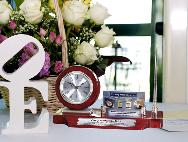 Personalized Desk Name Plate Desk Clock Business Card Holder Case Display Silver Pen on Cherry Wood Desktop Stand Graduation Gift Corporate Promotion Executive Employee Award