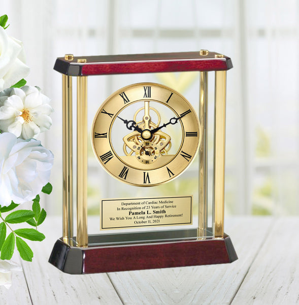 Gold Mantle Clock Awards Retirement Gifts Engraved Personalized Davinci Dial Clock Suspended Glass Cherry Base Anniversary Promotion Service Employee Recognition Award