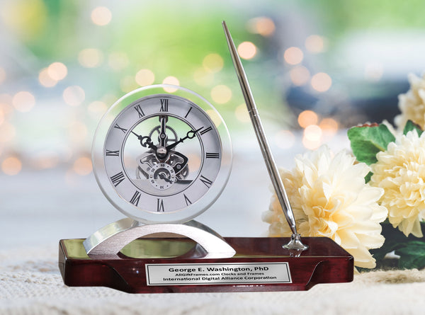 Desk Clock Pen Set Personalized Unique Silver Clock Clear Transparent Case Gear Davinci Timepiece Display Metal Pen Ink Set Wood Desktop Stand Desk Accessory Office Modern Home Engrave