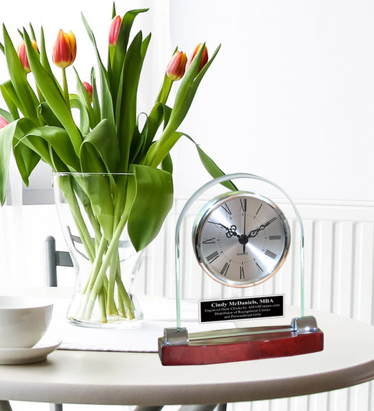 Glass Desk Clock Fused Wood Clear Polished Edges Custom Personalized Black Engraving Desk Table Executive Gift Modern Congratulation Engrave