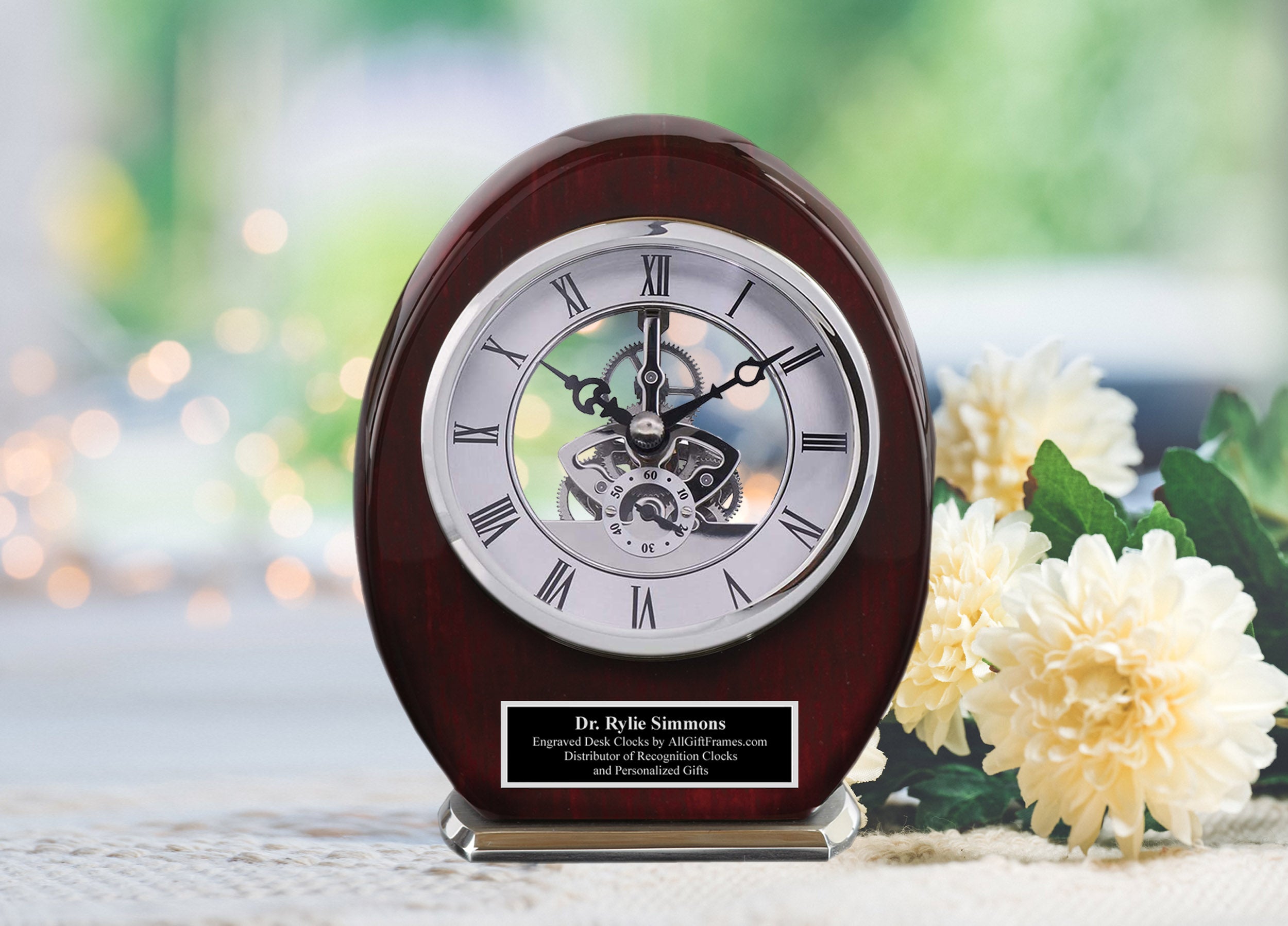 Engravable Black Engraved Archway Wood Accent Clock Custom Gift Timepi