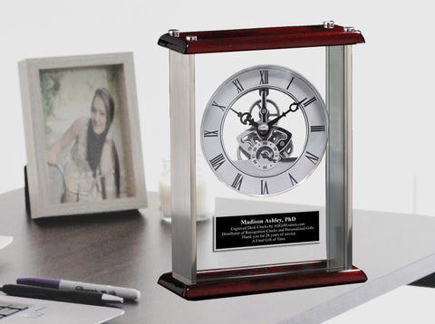 Etched Engraved Aluminum Clock Silver Gear Desktop Birthday Display Anniversary Service Award Timepiece Desk Accessories Company Gift