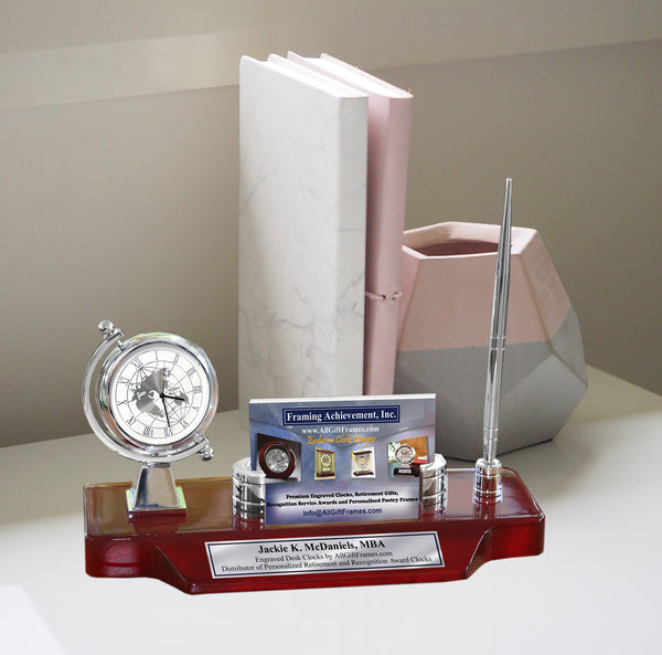 Spinning Silver Desk Clock Engrave Name Plate Business Card Holder Case Desktop Stand Display Pen Compsny Base Corporate Logo Retirement Graduation Employee Gift Promotion Award