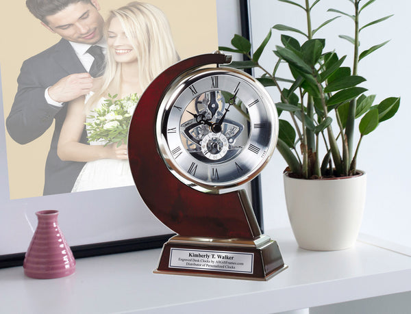 Engraved Personalized Clock Large Gear Da Vinci which Rotates 360 Degrees with Silver Engraving Plate on Wood. Anniversary clock awards