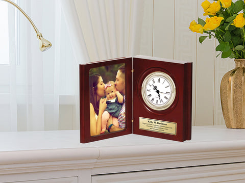 Folding Award Bookcase Photograph Engraved Desk Clock Personalize 4x6 Photo Picture Custom Gift Present Shelf Table Anniversary Wedding Case